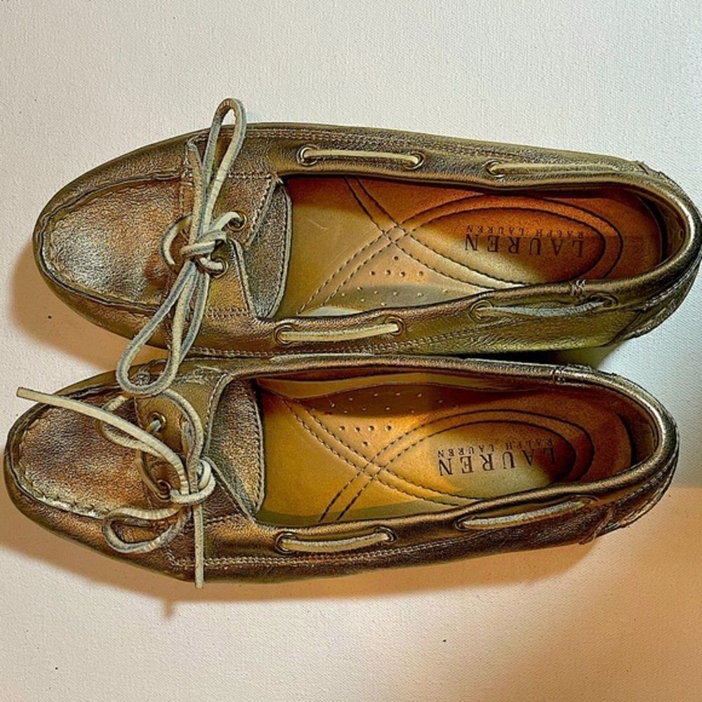 Lauren Ralph Lauren Yorina Size 9 B Gold Boat Shoes Moccasins With Cushy Insoles